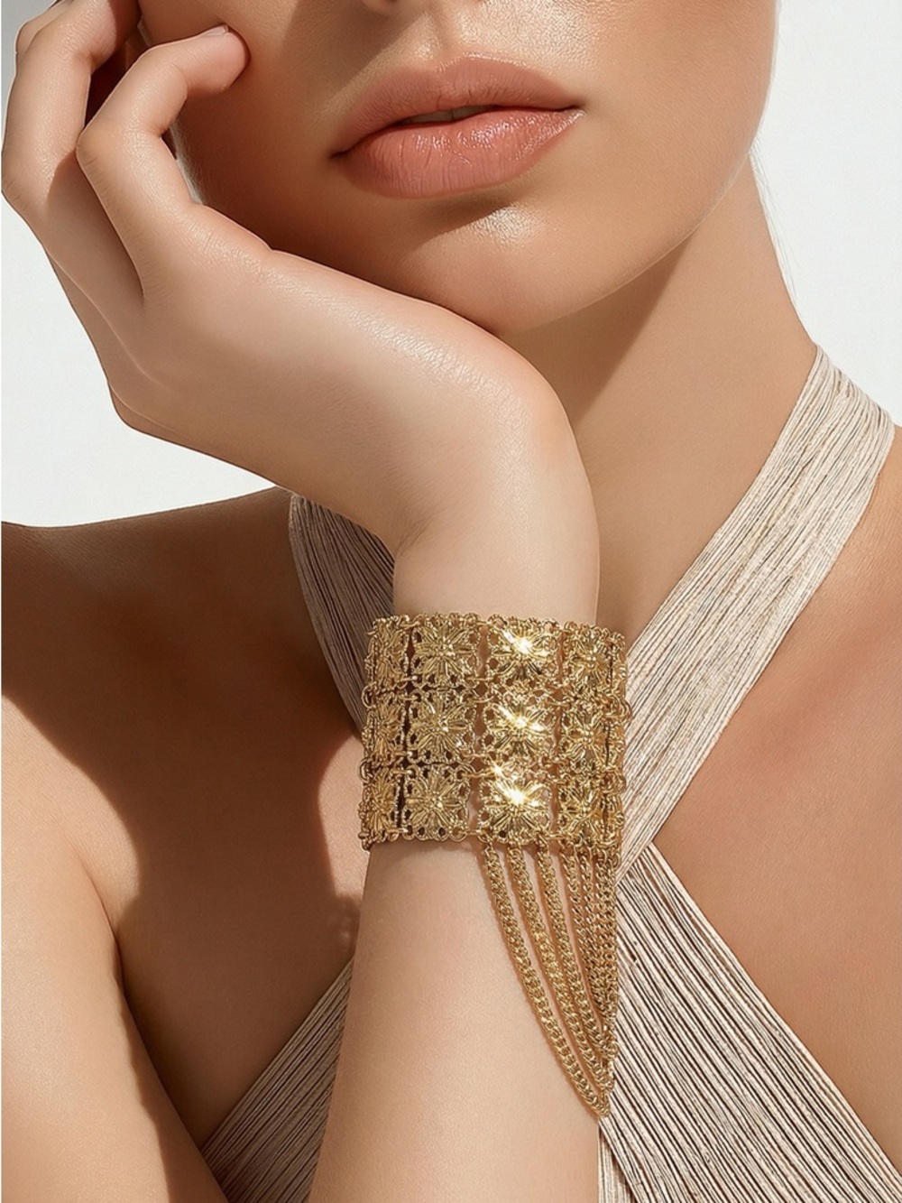 Gold Filigree Chain Fringe Cuff Bracelet - Women Jewelry